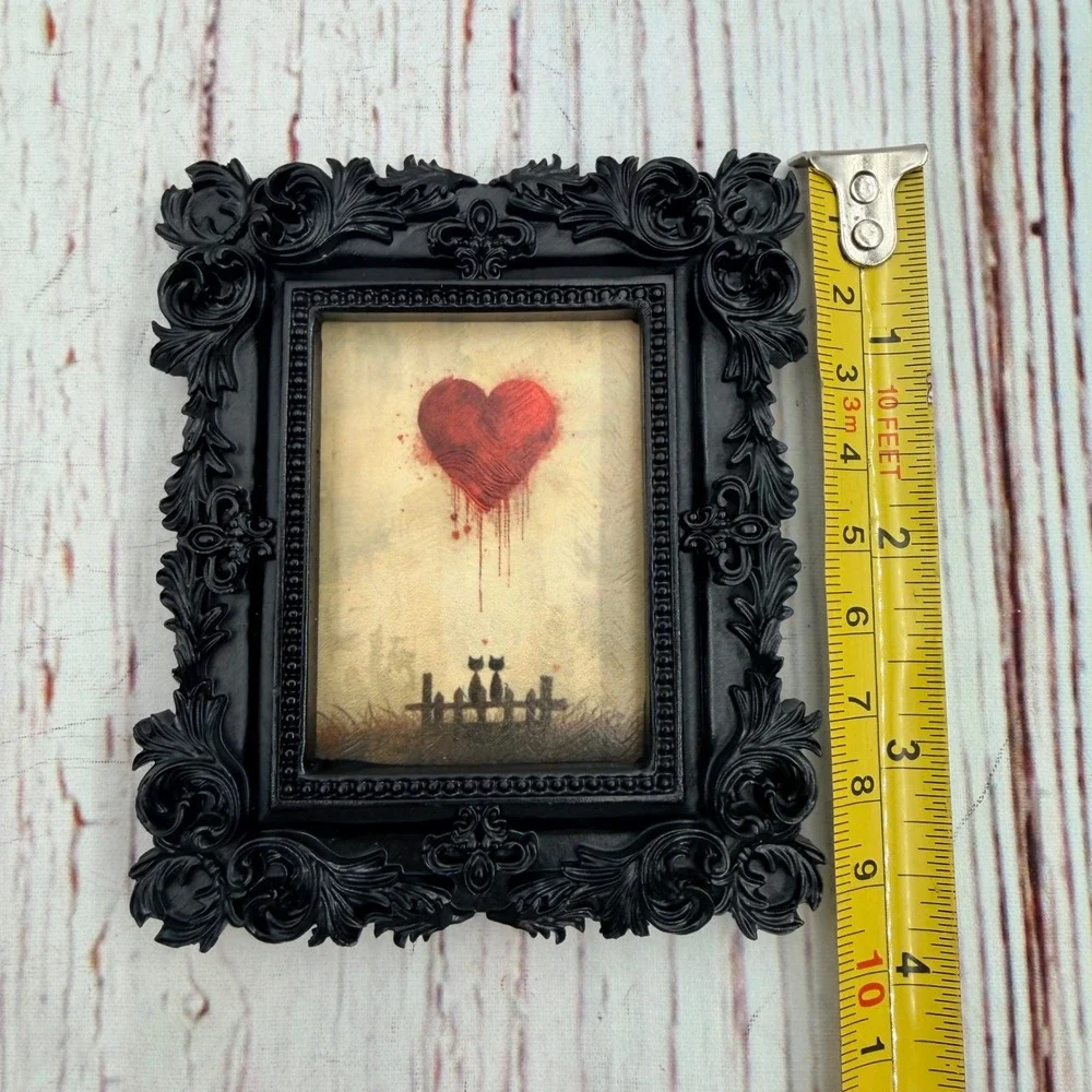 Gothic Black Ornate Resin Frame Cat Heart Art Print Decoupage Mini Decor